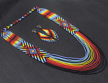 Handmade Beaded Indian Necklace,Inspired by Native American Style Long Necklace Earrings Set,One of a Kind beaded Necklace for Women,Perfect for Occasions, Gifts - color: Rainbow
