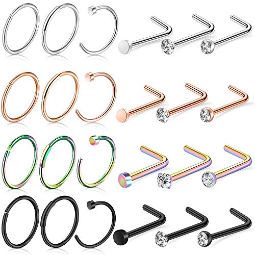 27-60 Pcs Nose Rings for Women Nose Piercing Jewelry Silver Nose Rings Studs 20G Surgical Nose Rings Hoops Nose Rings L Shaped Studs Screw Stainless Steel Nose Piercings for Women Men - color: Mixcolor E