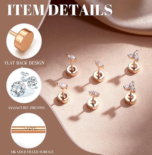 14K Gold Plated 925 Sterling Silver Flat Back Earrings Set | Hypoallergenic Cartilage Helix Conch Tragus Piercing Jewelry 3 Pairs Small Screw Dainty CZ Opal Earring Set Men Women - color: Rose Gold, Style C