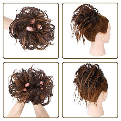 HMD Tousled Updo Messy Bun Hair Piece for Women Synthetic Hair Extension | Messy Bun Hair Piece with Elastic Scrunchie Synthetic Tousled Updos Ponytail Hairstyles for Daily Wear - color: 6AH30# (Dark Brown & Light Auburn)