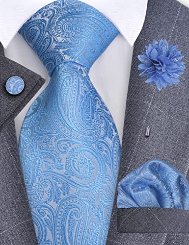 GUSLESON 3.15"（8cm） Mens Tie and Lapel Pin Paisley Necktie Hankerchief Cufflinks Set for Men - color: Light Blue