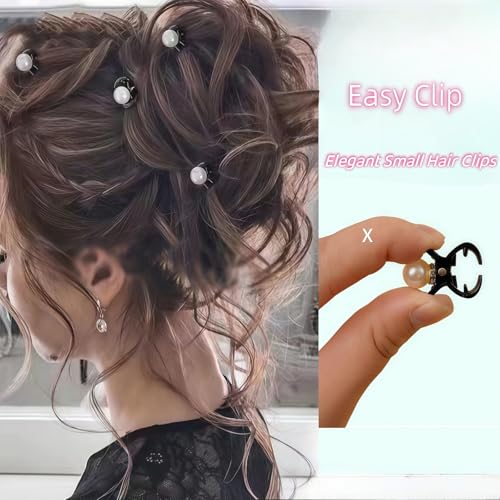 Mini Pearl Claw Clips for Women Girls, Black, 7 Pcs | Small Non Slip Jaw Clips, Strong Hold, For Thin Thick Curly Hair, Decorative Hair Barrettes
