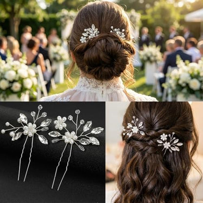 9 pcs Wedding Hair Accessories Bridal Hair Pins Silver Rhinestone with Pearls Hair Pieces for Brides Women Girls (Sliver White) - color: Sliver White