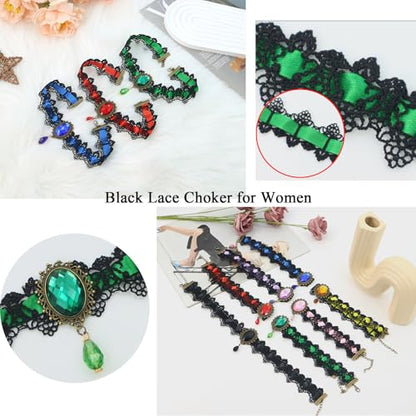 Gothic Lace Choker Vampire Necklace for Women,Black Lace Red Crystal Pendant Necklaces for Halloween,Goth Black Necklace Jewelry Witch Costume Vampire Accessories - style: Style Purple