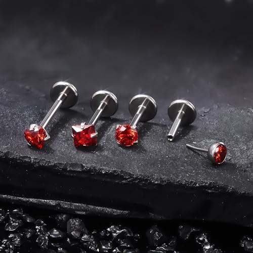 Ruifan Titanium Flat Back Lip Rings Threadless Push in Earrings Studs Nose Rings 20G 18G 16G Round Heart Square CZ Tragus Cartilage Lobe Rook Helix Conch Labret Medusa Piercing Jewelry for Women Men - color: Red CZ, size: 16G-6/8/10mm