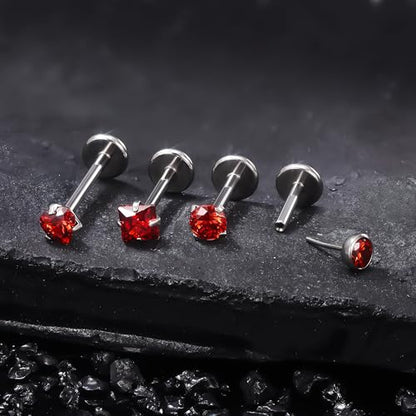 Ruifan Titanium Flat Back Lip Rings Threadless Push in Earrings Studs Nose Rings 20G 18G 16G Round Heart Square CZ Tragus Cartilage Lobe Rook Helix Conch Labret Medusa Piercing Jewelry for Women Men - color: Red CZ, size: 16G-6/8/10mm