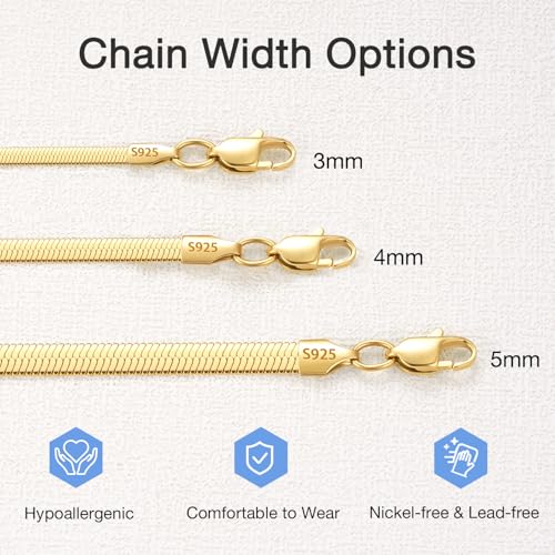 Jewlpire 3mm 4mm 5mm Herringbone Necklace 18K Gold Plated 925 Sterling Silver Chain Necklace for Women, Flat Snake Chain Necklace, Women's Chains Necklaces 16 18 20 22 24 Inch - color: 4mm 18K Gold Plated, size: 22 Inch (Women's Matinee Length)