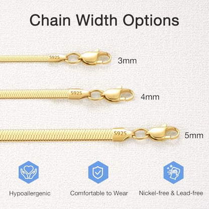 Jewlpire 3mm 4mm 5mm Herringbone Necklace 18K Gold Plated 925 Sterling Silver Chain Necklace for Women, Flat Snake Chain Necklace, Women's Chains Necklaces 16 18 20 22 24 Inch - color: 4mm 18K Gold Plated, size: 18 Inch (Women's Average Length)
