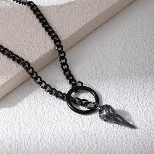 Slip Chain Necklaces for Women Stainless Steel Bar Pendant Choker Necklace Boho Handmade Long Lariat Necklace Silver Statement Punk Rock Collar Jewelry - style: layered black raven