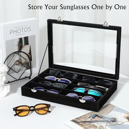 Emibele Glasses Organizer Jewelry Tray, 8 Grids with Clear Lid Velvet Tray Watch Storage Stackable Jewelry Showcase Display Storage with Detachable Inner Dividers, Black - style: I1- eight Grids with Lid-Black