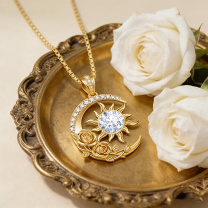 Midari 18K Yellow Gold Sun Moon Star Pendant Rose Flower Necklaces I Love You Forever Sun Moon Jewelry Gift for Mother Women - color: 04-Apri-White, style: Sun&Moon