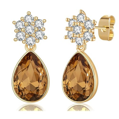 Elegant Austrian Crystal Teardrop Dangle Earrings for Women,14K Gold Plated Flower Drop Earrings Jewelry Gift for Birthday Wedding Anniversary - color: Light Topaz
