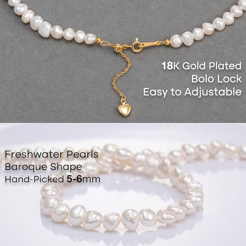 Natural Pearls Necklace, Freshwater Baroque Pearls Necklace for Women's Pearl Strand Choker Necklace 18K Gold Plated & S925 Sterling Silver Clasp White Necklace Chain - color: White, 5-6mm, 18KGP Lock
