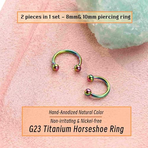 BodyBonita Anodized G23 Titanium Horseshoe Nose Ring Hoops for Women, 16G Septum Rings Circular Barbell, Conch Helix Daith Tragus Cartilage Lip Eyebrow Piercing Jewelry 8/10mm 2Pcs - color: Rainbow, Hand-Anodized