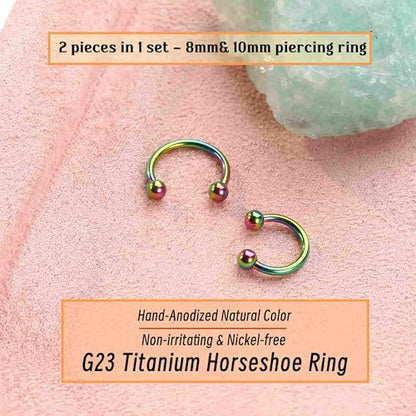 BodyBonita Anodized G23 Titanium Horseshoe Nose Ring Hoops for Women, 16G Septum Rings Circular Barbell, Conch Helix Daith Tragus Cartilage Lip Eyebrow Piercing Jewelry 8/10mm 2Pcs - color: Rainbow, Hand-Anodized