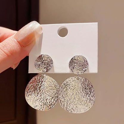 Large Geometric Drop Dangle Earrings for Women Pearl Teardrop Disc Rectangle Oval Fishtail Shell Shaped Textured Dangle Studs Earrings for Women - color: Silver-Disc