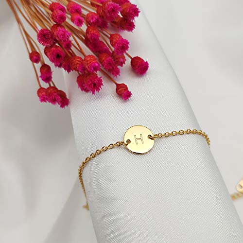 Ovian Initial Charm Bracelet for Women 18K Gold Plated stainless steel Coin Disc Engraved Letter Bracelet Personalized Monogram Name Bracelet - color: H