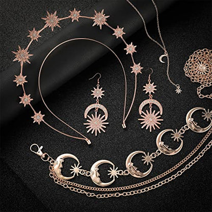 Glenmal 4 Pieces Celestial Jewelry Moon Stars Crown Necklaces and Body Chain Headband Drop Earrings for Women - color: Rose Gold