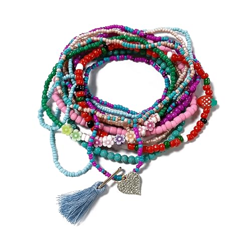 12 Pieces Colorful Elastic Beaded Anklets for Women Girls Handmade Beach Boho Colorful Beads Tassel Heart Flower Layered Anklets Set