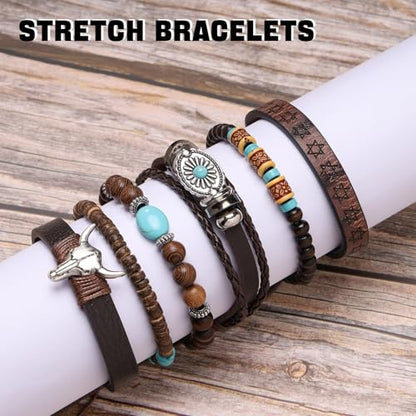Mens Beaded Bracelets Tribal Wooden Elastic Adjustable Prayer Beads Wrap Cuff for Women - color: I: 5pcs