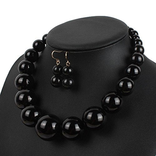Large Style Big Imitate Pearl Strand Choker Necklace With Earrings Set - color: Black