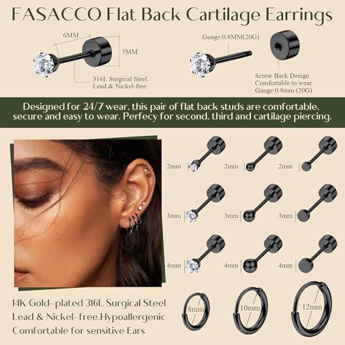 FASACCO Small Tiny Stud Flat Back Earring Hypoallergenic Gold Studs 14K Surgical Steel Earring Sets for Multiple Piercing Cartilage Hoop Earrings - color: black tone