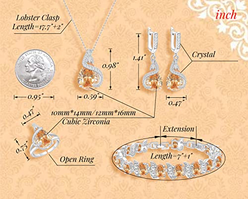 GZWHD Jewelry Set for Women Water Drop Cubic Zirconia Artificial Crystal Earrings Pendant Necklace Open Ring Tennis Bracelet Wedding Anniversary Birthday Engagement Gift for Bridesmaid Wife Girlfriend Friend - color: Champagne