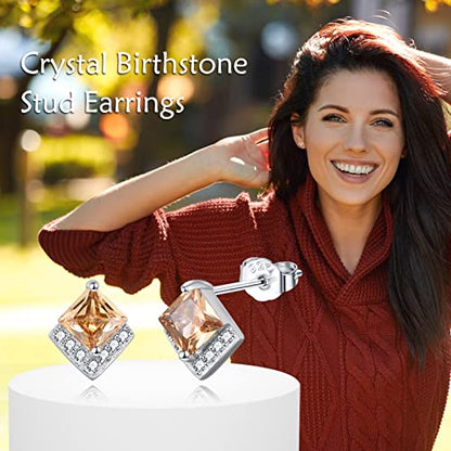 Birthstone Stud Earrings Sterling Silver Square Created Crystal Earrings Cubic Zirconia Hypoallergenic Piercing Jewelry Small Gifts for Women Mothers - color: Nov-Citrine