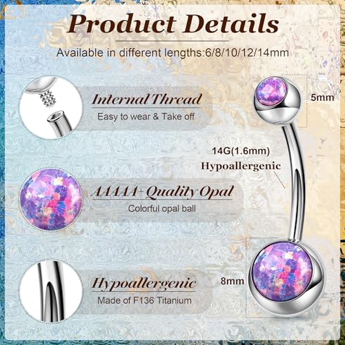 REVOLIA 14G F136 Titanium Opal Belly Button Rings for Women Hypoallergenic Belly Rings Internally Threaded Barbell Navel Rings Body Piercing Jewelry 6-16MM - color: Purple Opal-38, size: Bar Length 10mm-Top Pick