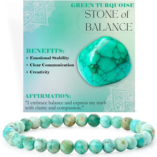 Bivei 6mm Beaded Bracelets for Women Handmade Semi Precious Natural Stone Stretch Elastic Jewelry Yoga Protection Gifts - color: Green Turquoise - Balance, size: Small 6.5-6.7 inch
