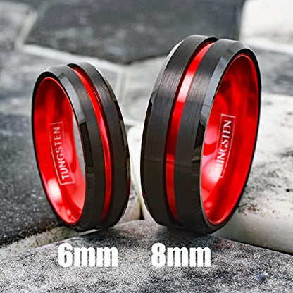 Personalized Engraved 6mm/8mm Black Tungsten Carbide Band Ring w/Fire Engine Red Stripe & Red Anodized Aluminum Inner Band feat. Comfort Fit.