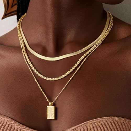 M MOOHAM Layered Gold Necklaces Stack for Women No Tarnish | 14K Gold Plated, Stackable Pendant Necklace Set, Snake Rope Cuban Paperclip Chain, CZ Coin Pendant, Dainty Jewelry Gifts - color: 3 Layered Snake Rope Square Pandent-Gold