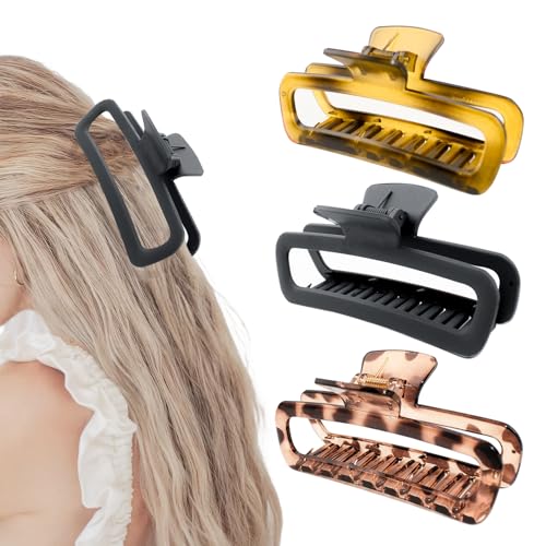 3 Pack Hair Claw Clips 5.1 Inch Large Square Rectangle Jaw Clips Plastic Hollow Strong Hold XL Claw Clip for Thick Curly Long Hair Women Leopard Yellow Black Matte Amber - color: Leopard Yellow&Black&Matte Amber