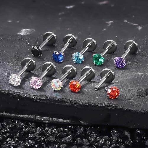 Titanium Flat Back Lip Rings Threadless Push in Earrings Studs Nose Rings 20G 18G 16G Mix Colors CZ Tragus Cartilage Lobe Rook Helix Conch Labret Medusa Nostril Piercing Jewelry for Women Men - size: 20G 6mm - 3mm CZ
