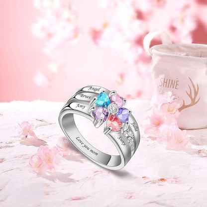 Custom Multi-Stone Family Ring 925 Sterling Silver/10K/14K/18K Gold Colored Personalized (2-8 stones) Birthstone Engraved Ring for Women Mom Wife Jewelry Gifts - style: Five Stone
