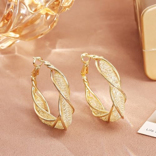 Luxury 14K Gold Plated Brass Hoop Earrings for Women, 3D Metal Mesh with Sparkling Diamonds, Lightweight Twisted Circle Design (33mm), Stylish Daily Jewelry