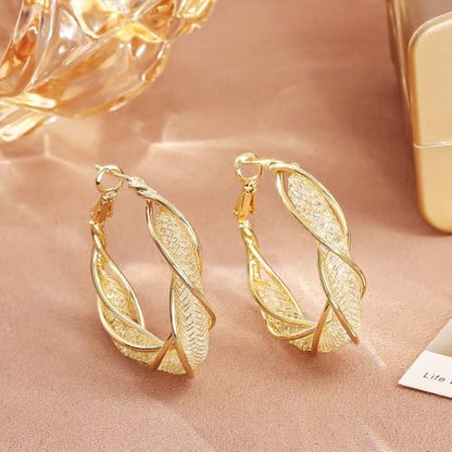 Luxury 14K Gold Plated Brass Hoop Earrings for Women, 3D Metal Mesh with Sparkling Diamonds, Lightweight Twisted Circle Design (33mm), Stylish Daily Jewelry
