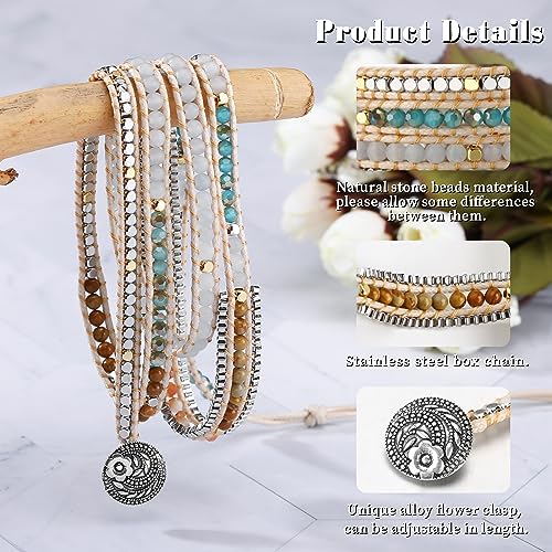 Boho 5 Wrap Bead Bracelet for Men Women - Handmade Adjustable Natural Chakras Stone Crystal Beaded Bracelets Cuff Rope Yoga Healing Bracelet Bangle Hippie Jewelry - color: Light Blue