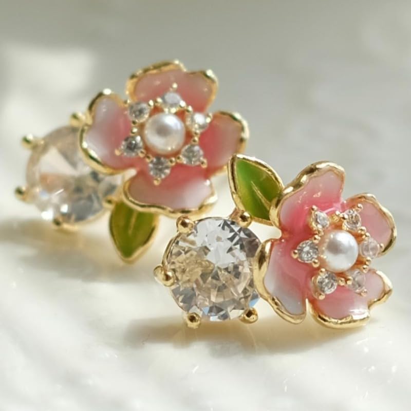 Exquisite Zircon Colorful Enamel Whimsical Floral Stud Earrings for Women Banquet Party Earrings Jewelry Gifts - color: gold