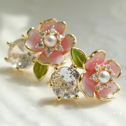 Exquisite Zircon Colorful Enamel Whimsical Floral Stud Earrings for Women Banquet Party Earrings Jewelry Gifts - color: gold