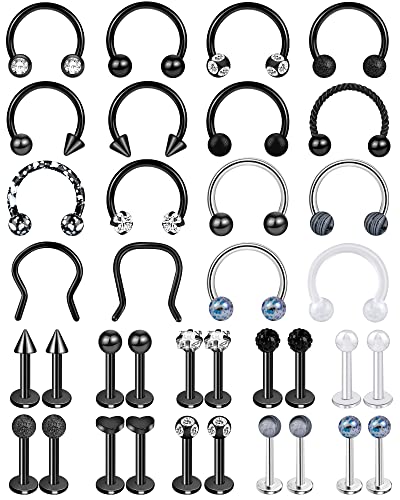 ONESING 20-30 Pcs Septum Rings 16G Septum Jewelry - Surgical Steel Piercings Horseshoe Helix Daith Smiley Tragus Lip Rings Nose Hoop Hinged Seamless Piercing Jewelry for Women Men - color: Black&Silver-36pcs
