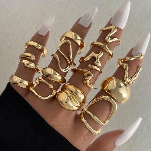 31 Pcs Chunky Gold Rings Fashion Stackable Rings for Women Statement Womens Rings Set Knuckle Band Ring Jewelry Gifts - style: Golden 31 pieces
