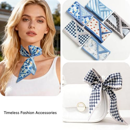 ZXZH 6 Pack Fashion Scarves for Women, Versatile Boho Head Scarf | Satin Scarf for Hair, Neck, Wrist, and Purse Accessories - color: Sweet Blue Print