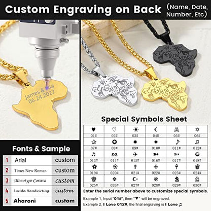 GOLDCHIC JEWELRY Africa Map Necklace for Men, Stainless Steel African Tribal/Egyptian Eye of Horus/I LOVE AFRICA/Elephant Map Hiphop Jewelry Unisex with 22'+2'Adjustable Chain - color: Animals - Gold, style: Personalised Engraving
