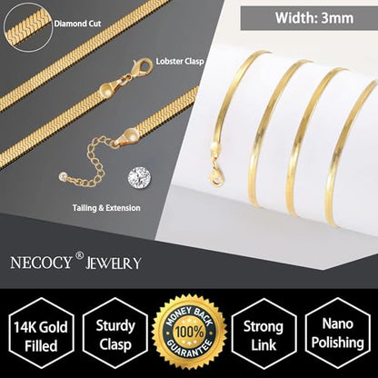 NECOCY 14K Gold Plated Necklaces for Women, Dainty Gold Herringbone Choker Necklace Thin Layered Snake Chain Jewelry for Gifts - color: 3MM 14"-GD Herringbone Necklace