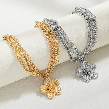 Flower Tassel Charm Anklet for Women Layered Boho Floral Ankle Chain Bracelet Adjustable Summer Beach Jewelry Foot Accessories - color: Silver