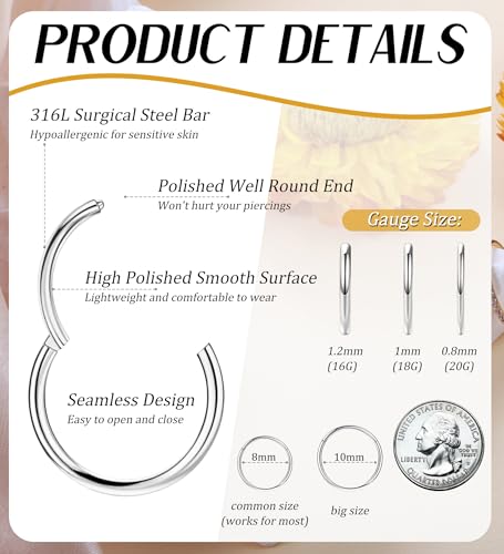 3pcs Nose Rings Hoops - 316L Surgical Steel Hinged Nose Hoops 16G/18G/20G CZ Clicker Septum Nose Ring Lip Helix Cartilage Hoop Earring Daith Rook Conch Body Piercing Jewelry for Women Men 8mm 10mm - color: Silver, size: 20 gauge(0.8mm)-10mm