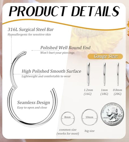 3pcs Nose Rings Hoops - 316L Surgical Steel Hinged Nose Hoops 16G/18G/20G CZ Clicker Septum Nose Ring Lip Helix Cartilage Hoop Earring Daith Rook Conch Body Piercing Jewelry for Women Men 8mm 10mm - color: Silver, size: 20 gauge(0.8mm)-10mm