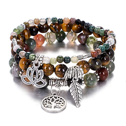 Tree of Life Yoga Healing Stone Bracelets,Multilayer Lotus Chakra Stone Reiki Bracelet Sets,Anxiety Crystal Natural Stone,for Women Stress Relief - style: Style 1 Indian Agate+Yellow Tiger Eye