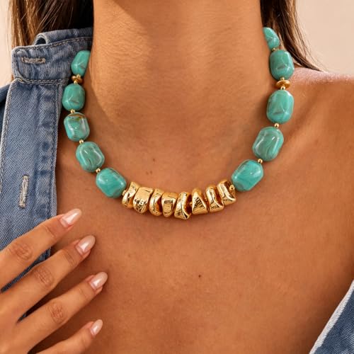 VIBILIA Boho Beaded Chunky Statement Necklace for Women Y2K Summer Jewelry | Boho Handmade Large Resin Bead Strand, Trendy Statement Summer Vacation Holiday Jewelry - color: Oval-Turquoise